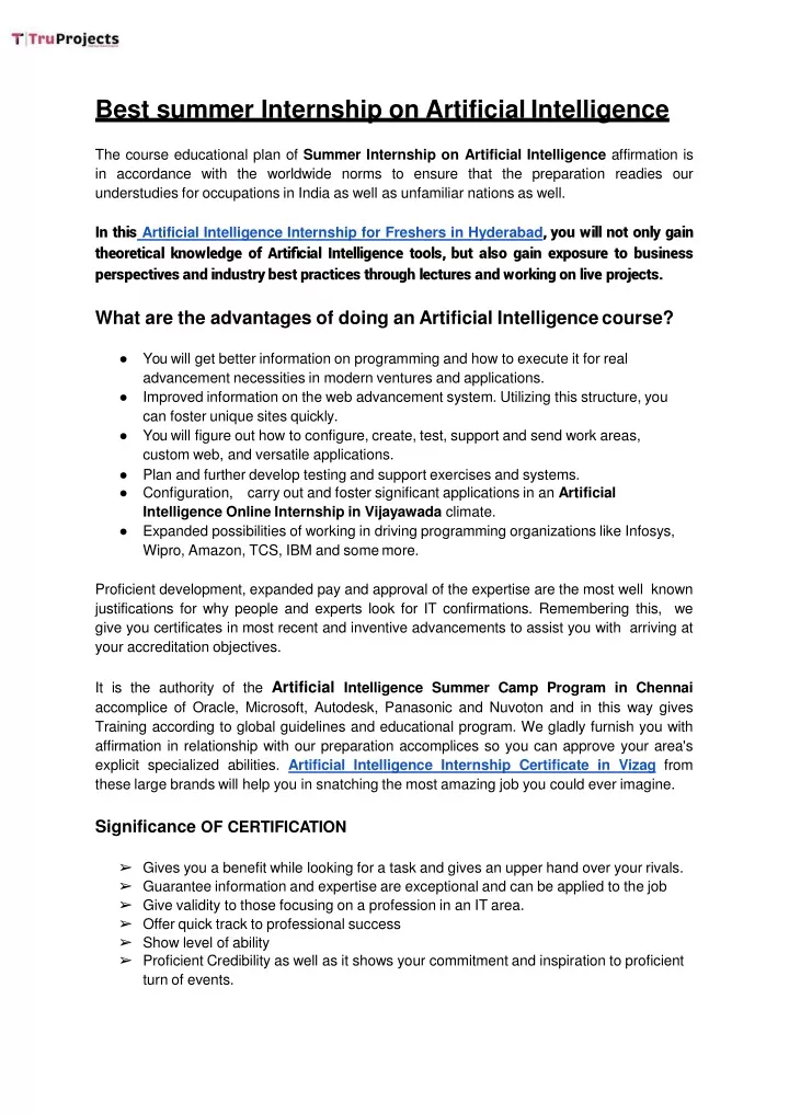 best summer internship on artificial intelligence