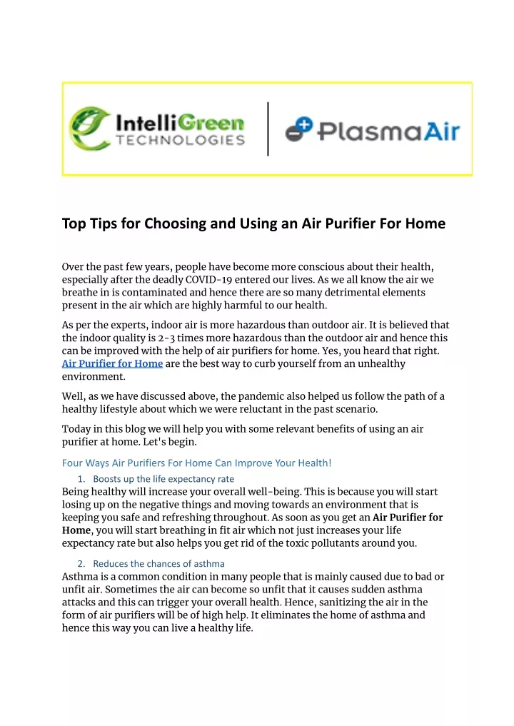 top tips for choosing and using an air purifier
