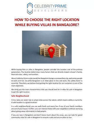 HOW TO CHOOSE THE RIGHT LOCATION WHILE BUYING VILLAS IN BANGALORE