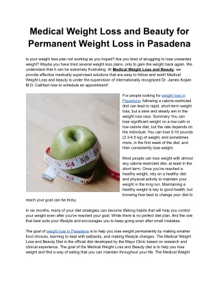 Medical Weight Loss and Beauty for Permanent Weight Loss in Pasadena
