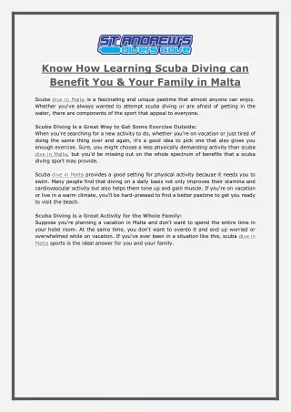 Know How Learning Scuba Diving can Benefit You & Your Family in Malta