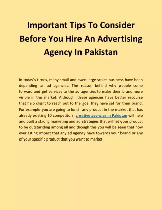 Important Tips To Consider Before You Hire An Advertising Agency In Pakistan