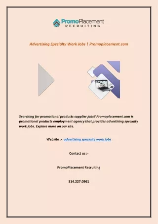 Advertising Specialty Work Jobs | Promoplacement.com