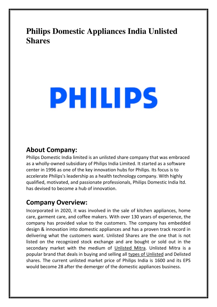 philips domestic appliances india unlisted shares