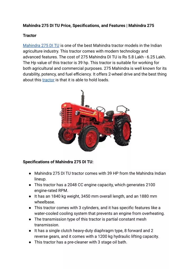 mahindra 275 di tu price specifications