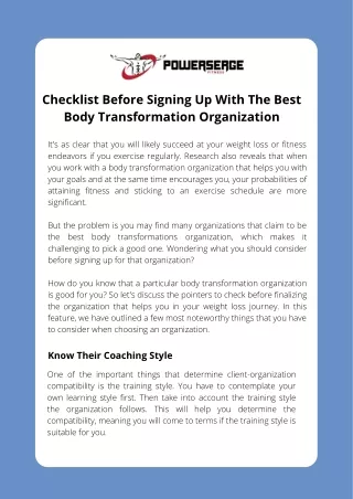 Best Body Transformations Organization - Powerserge Fitness