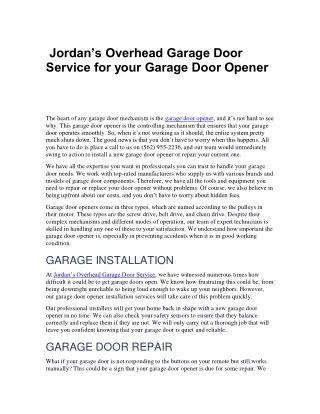 Jordan’s Overhead Garage Door Service for your Garage Door Opener