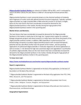 oligonucleotide synthesis market are valued