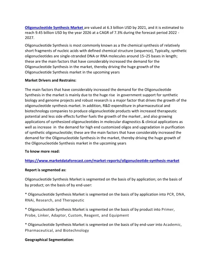 oligonucleotide synthesis market are valued