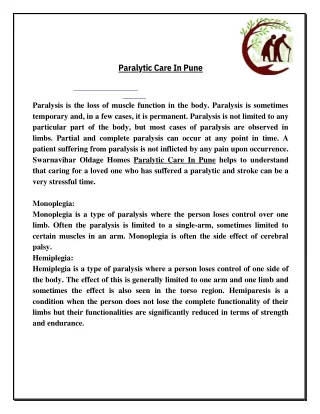 Paralytic Care In Pune
