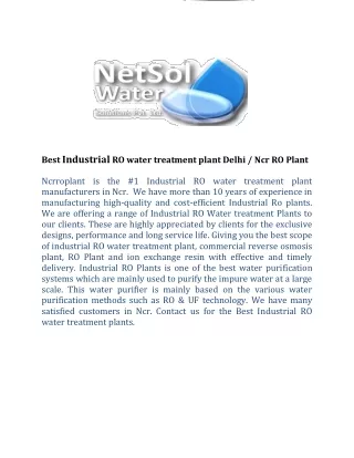 Best Industrial RO water treatment plant Delhi / Ncr RO Plant