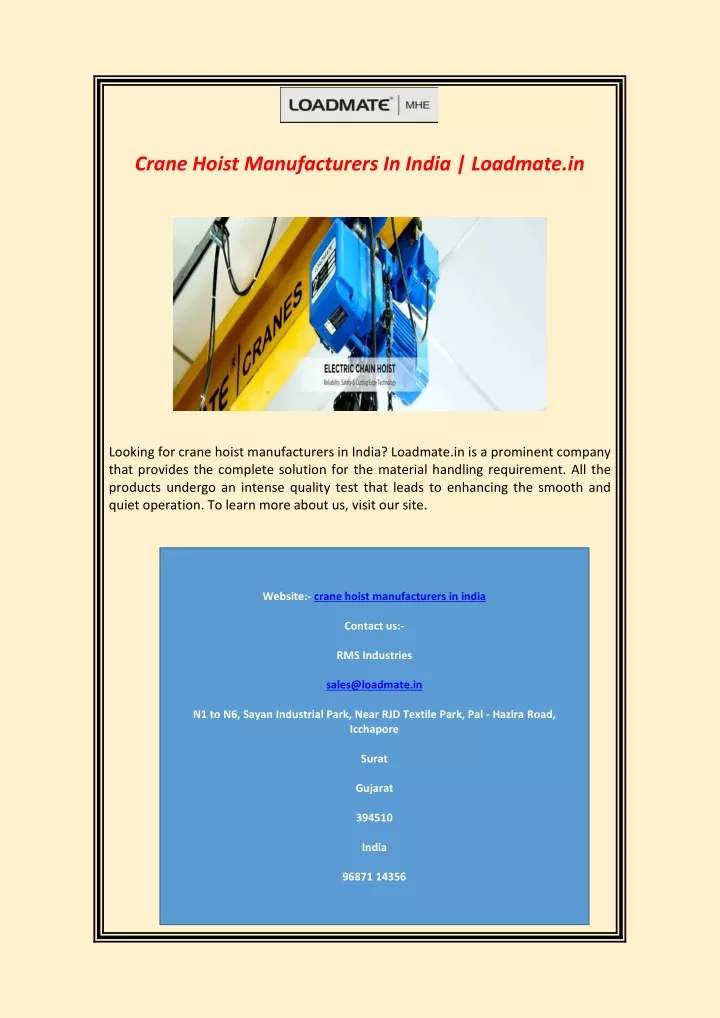 crane hoist manufacturers in india loadmate in