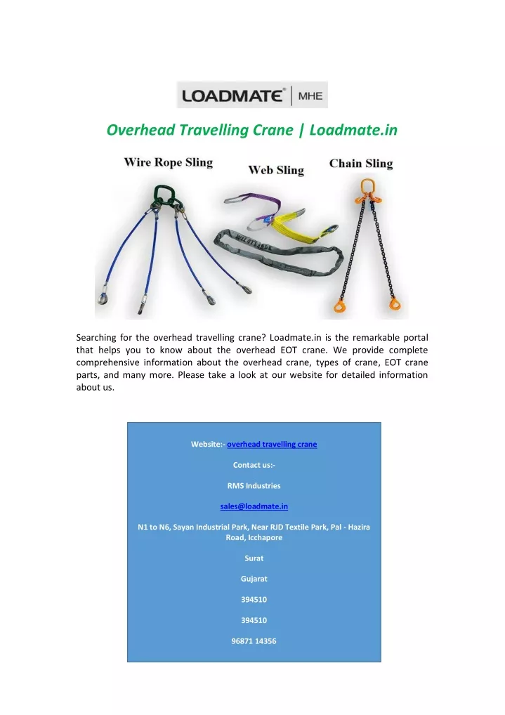 overhead travelling crane loadmate in