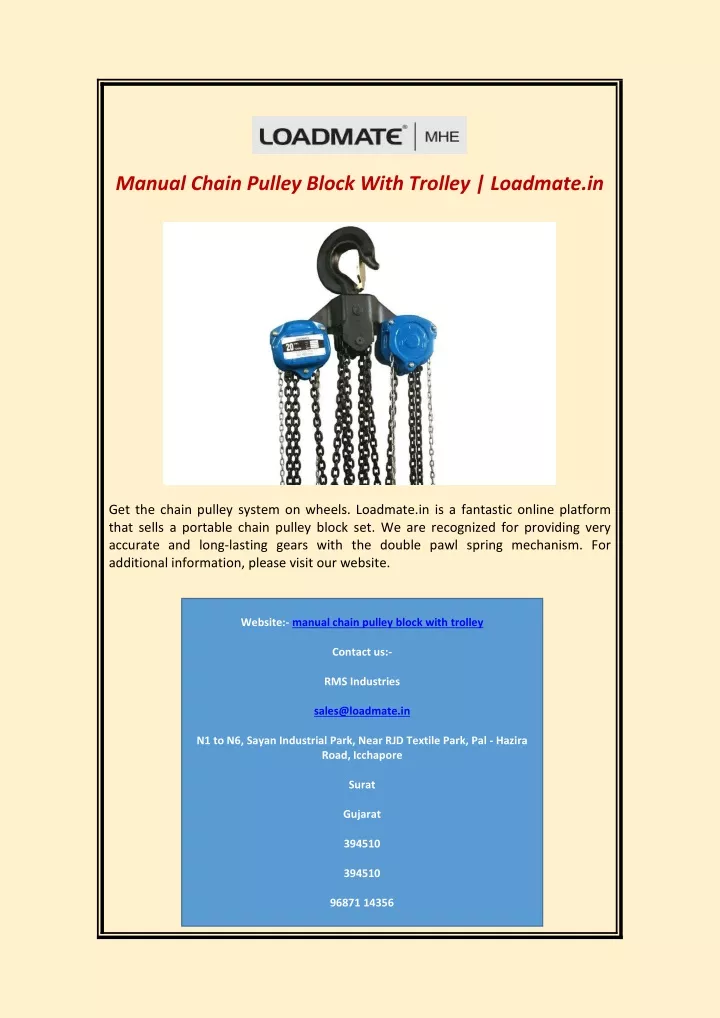 manual chain pulley block with trolley loadmate in