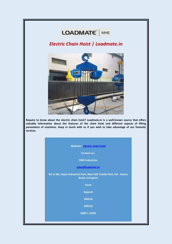 electric chain hoist loadmate in