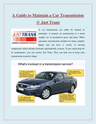 A Guide to Maintain a Car Transmission @ Just Trans