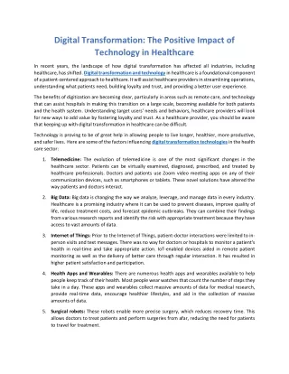 Digital Transformation The Positive Impact of Technology in Healthcare