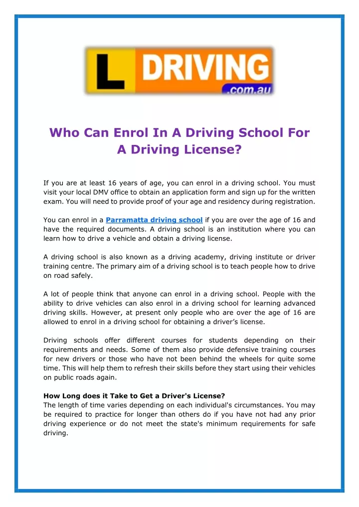 who can enrol in a driving school for a driving