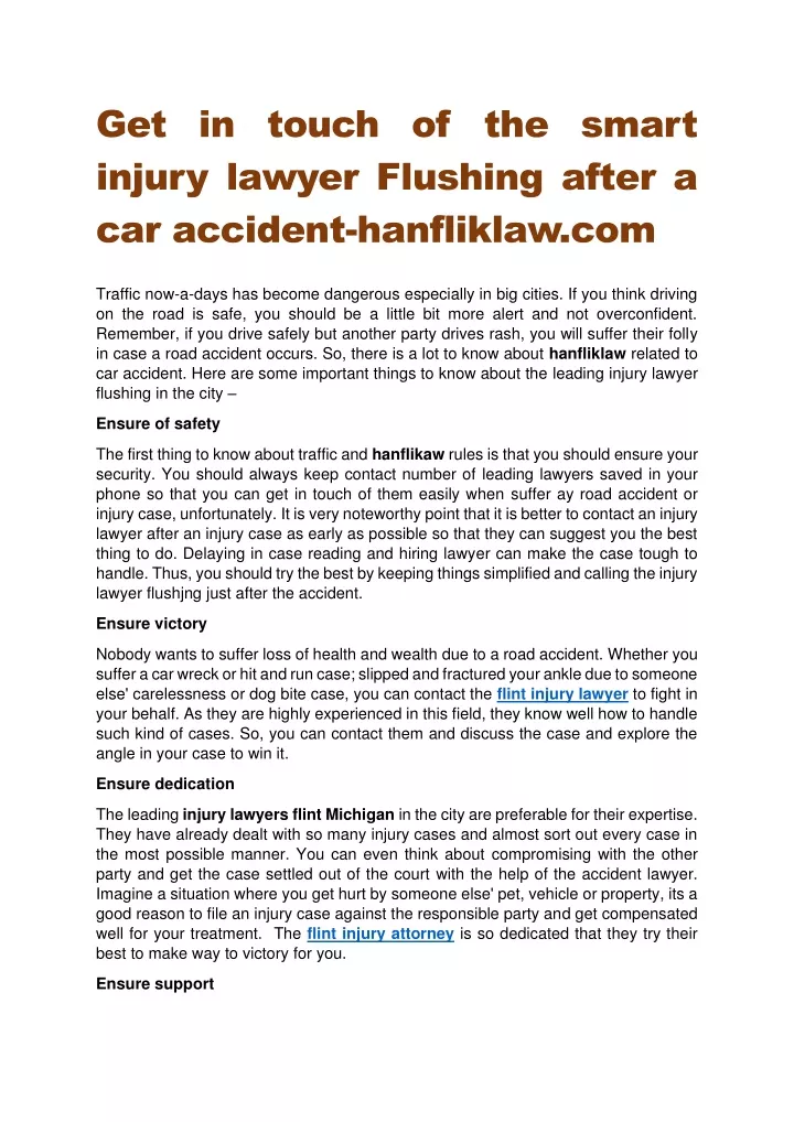 get in touch of the smart injury lawyer flushing