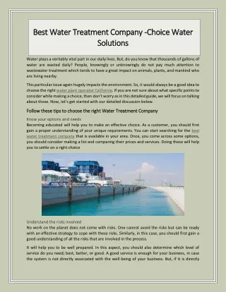 Best Water Treatment Company -Choice Water Solutions