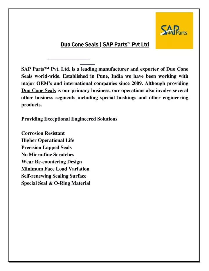 duo cone seals sap parts pvt ltd