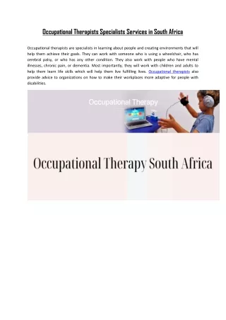 Occupational Therapists Specialists Services in South Africa