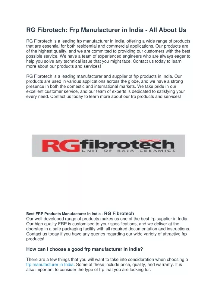 rg fibrotech frp manufacturer in india all about