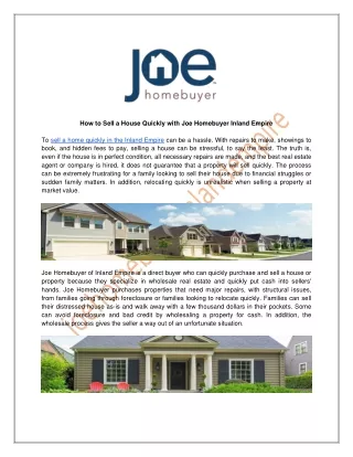 How to Sell a House Quickly with Joe Homebuyer Inland Empire