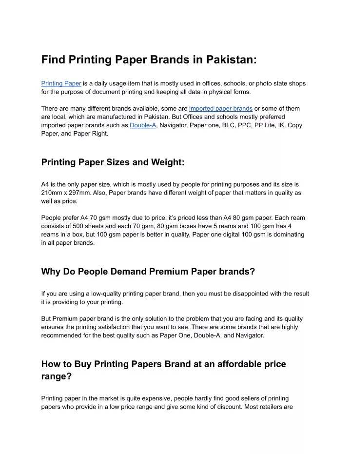 find printing paper brands in pakistan