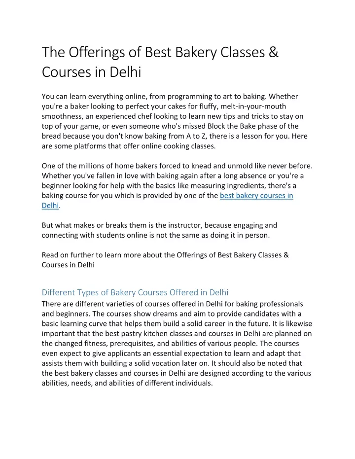 the offerings of best bakery classes courses