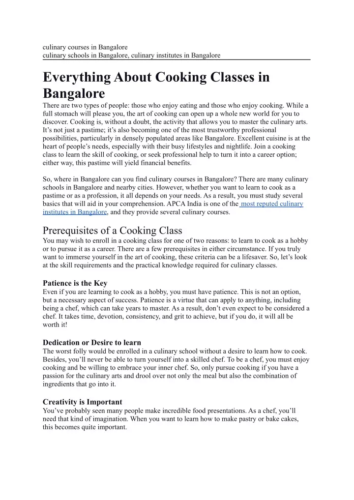 culinary courses in bangalore culinary schools