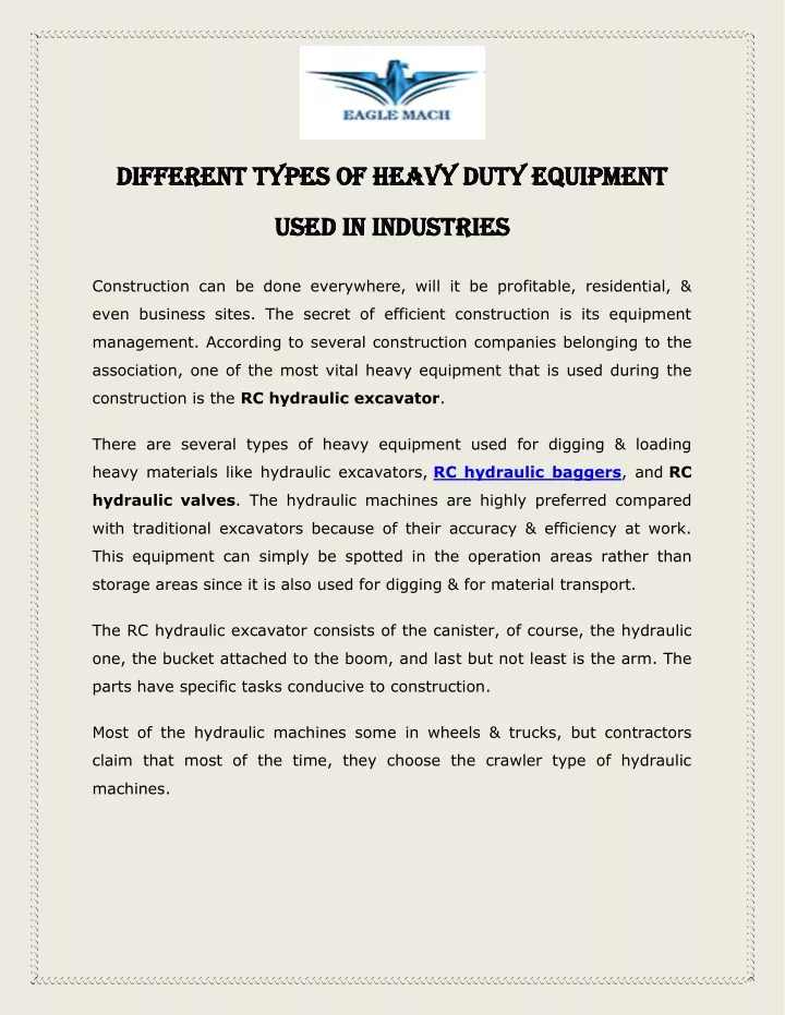 different types of heavy duty equipment different