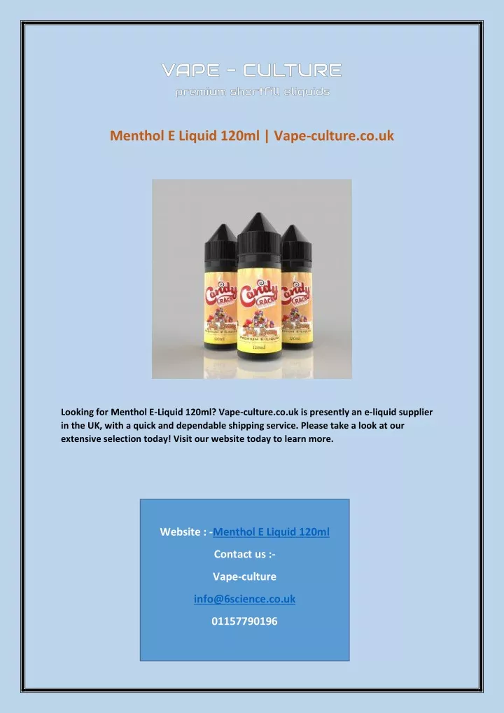 menthol e liquid 120ml vape culture co uk