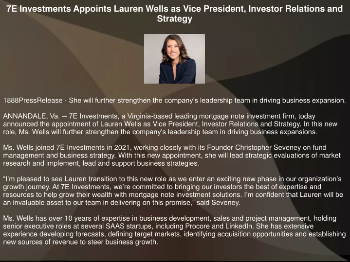 7e investments appoints lauren wells as vice
