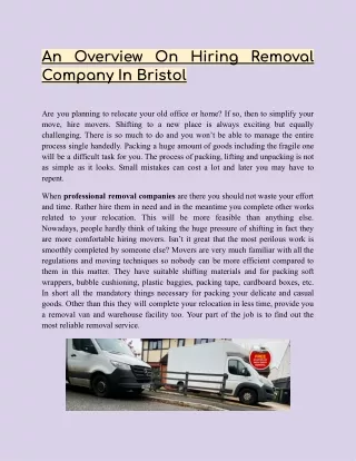 An Overview On Hiring Removal Company In Bristol