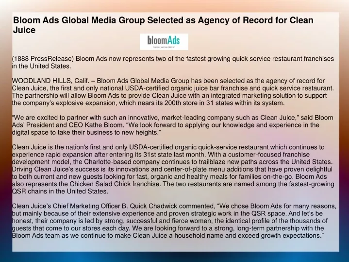 bloom ads global media group selected as agency