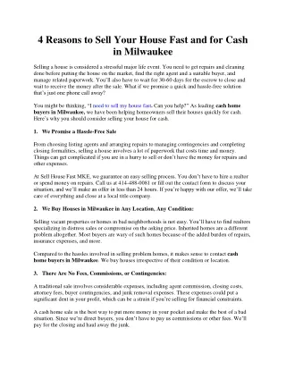 4 Reasons to Sell Your House Fast and for Cash in Milwaukee