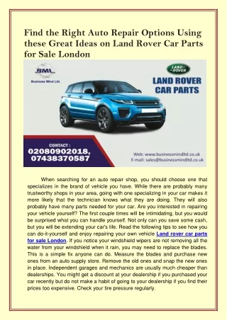Find the Right Auto Repair Options Using these Great Ideas on Land Rover Car Parts for Sale London