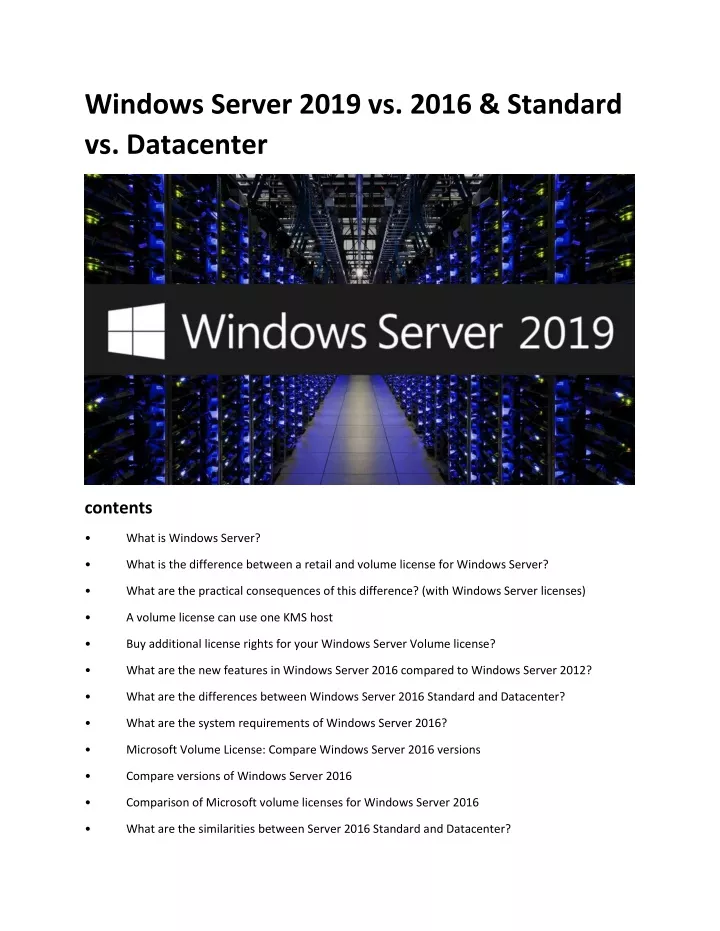 windows server 2019 vs 2016 standard vs datacenter