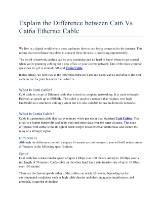 Explain the Difference between Cat6 Vs Cat6a Ethernet Cable