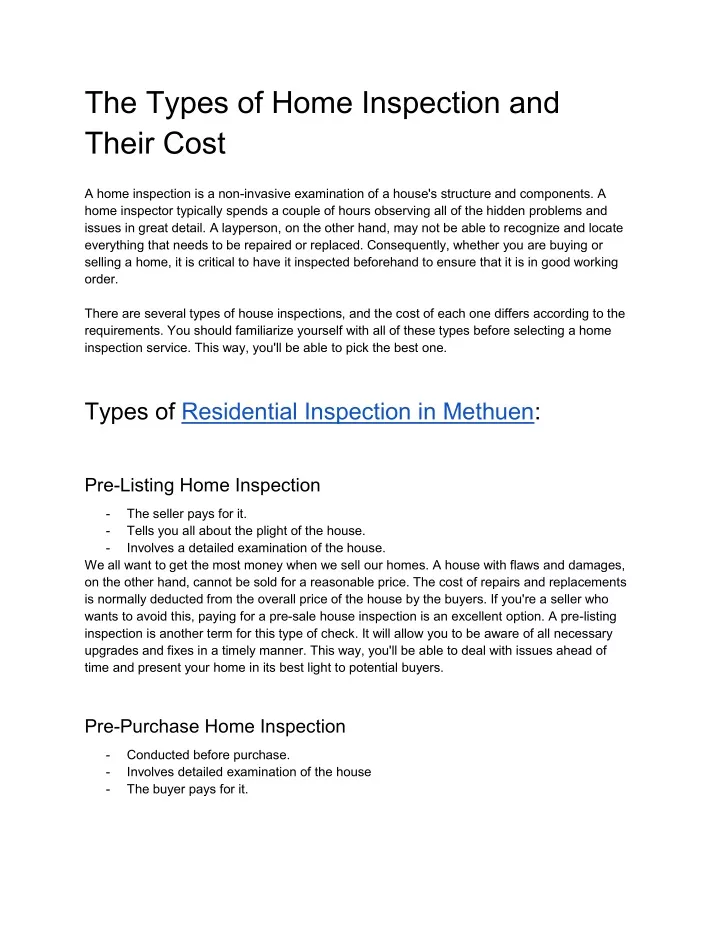 the types of home inspection and their cost