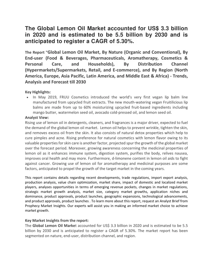 the global lemon oil market accounted