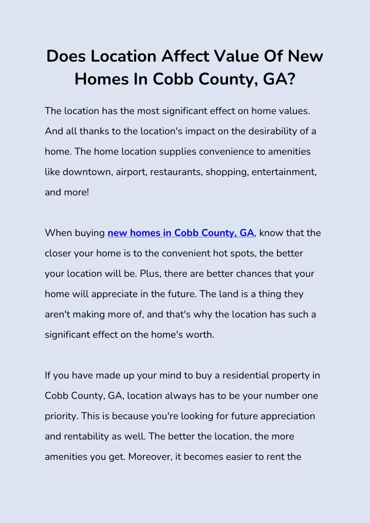 does location affect value of new homes in cobb