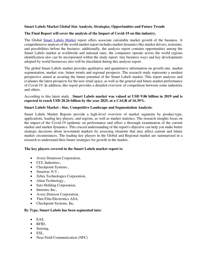 smart labels market global size analysis