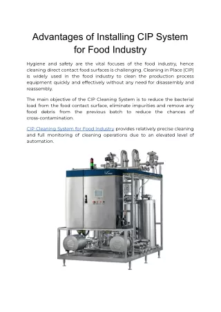 Advantages of Installing CIP System for Food Industry