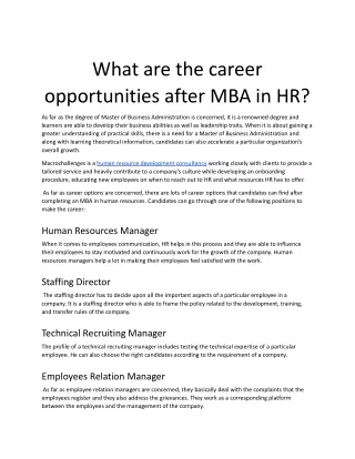 what are the career opportunities after mba in hr