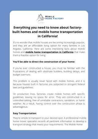Mobile home transportation in California - Mobile Home Factor