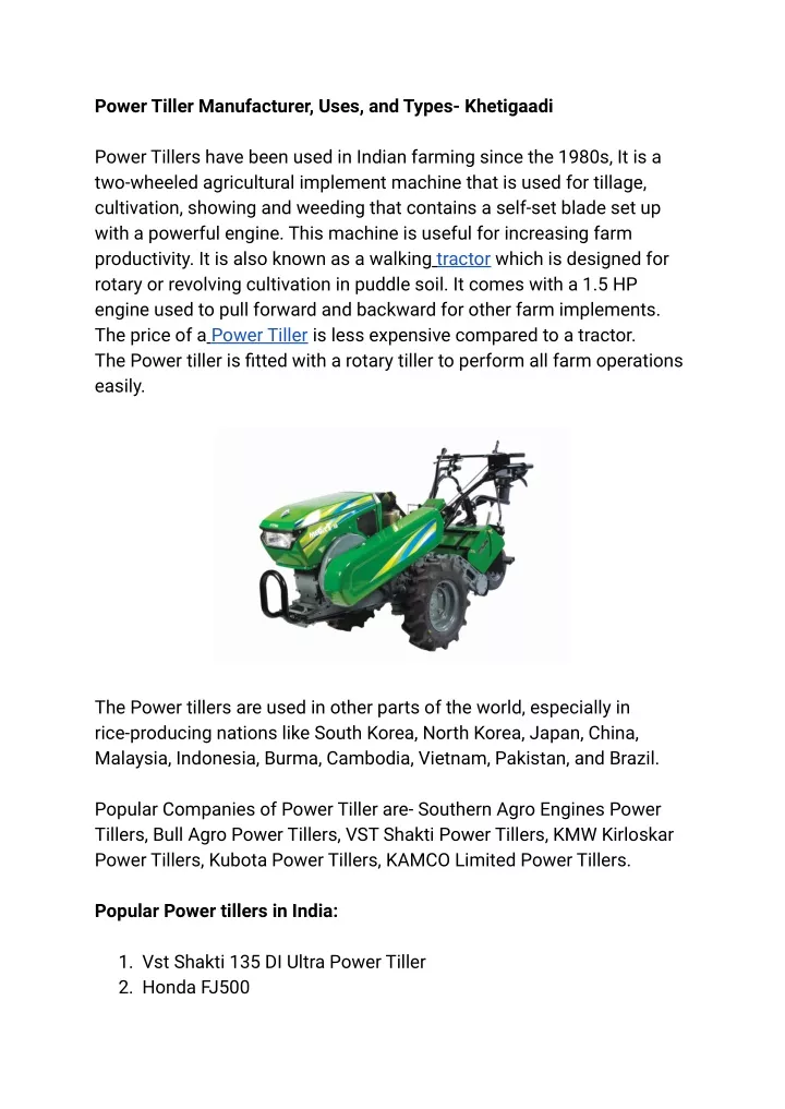 power tiller manufacturer uses and types