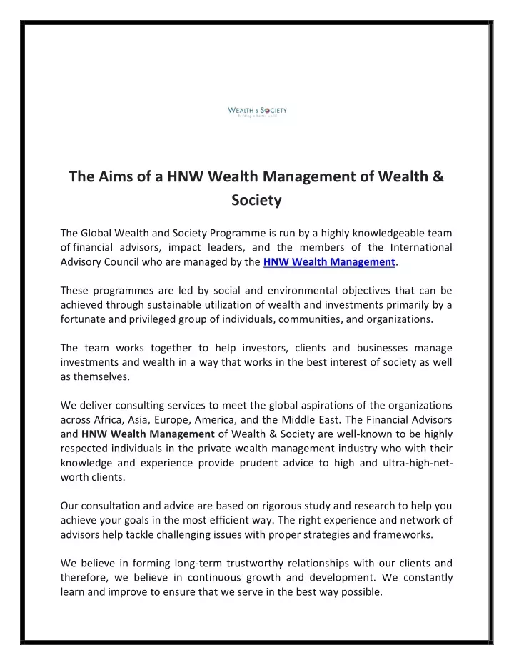 the aims of a hnw wealth management of wealth